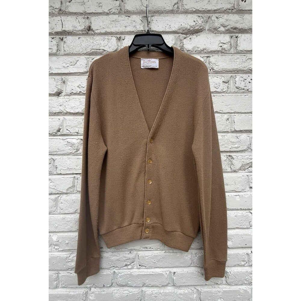 Vintage Jantzen Cardigan Sweater Tan Brown V Neck Button MEDIUM Made in USA
